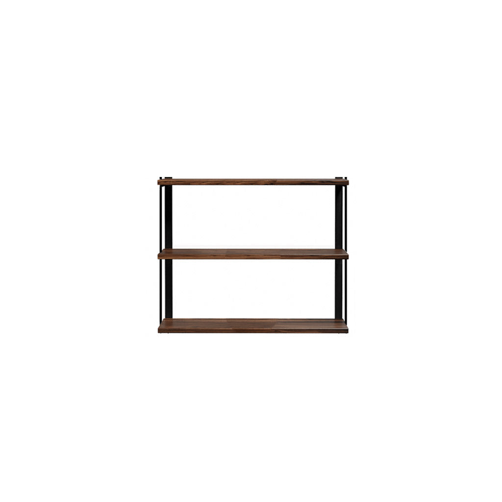 3 tier bookshelf in walnut and brass by Vault Furniture. 36"x30"