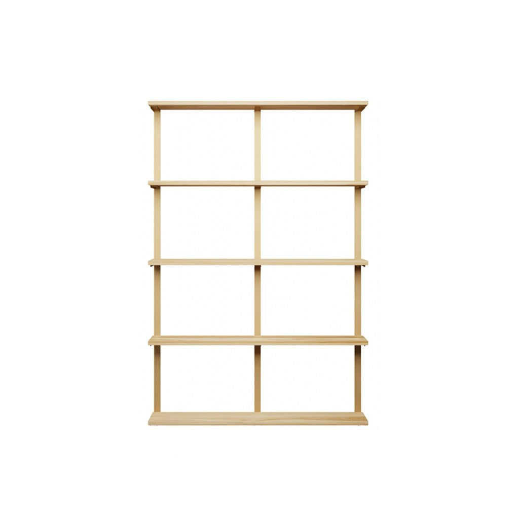 5 tier wall mounted shelving unit in Ash with brass wall shelf brackets by Vault Furniture. 48"x72"