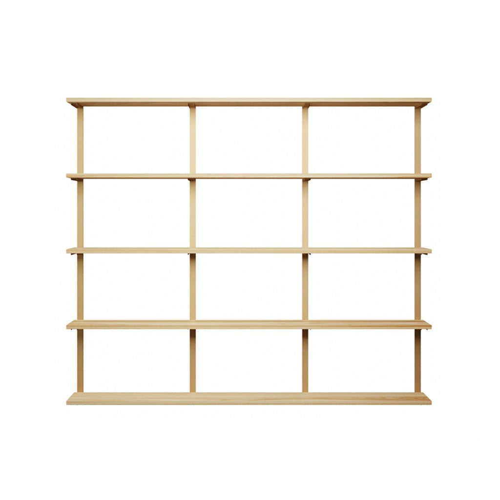 5 tier wall mounted shelving unit in Ash with brass wall shelf brackets by Vault Furniture. 84"x72"