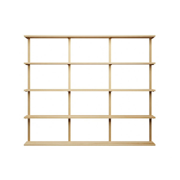 5 tier wall mounted shelving unit in Ash with brass wall shelf brackets by Vault Furniture. 84"x72"