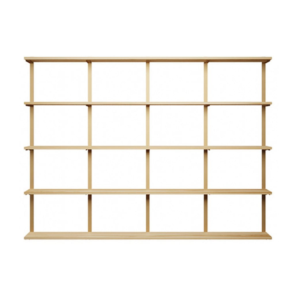 5 tier wall mounted shelving unit in Ash with brass wall shelf brackets by Vault Furniture. 96"x72"