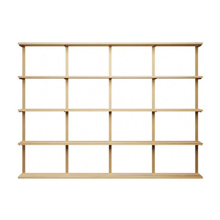 5 tier wall mounted shelving unit in Ash with brass wall shelf brackets by Vault Furniture. 96"x72"