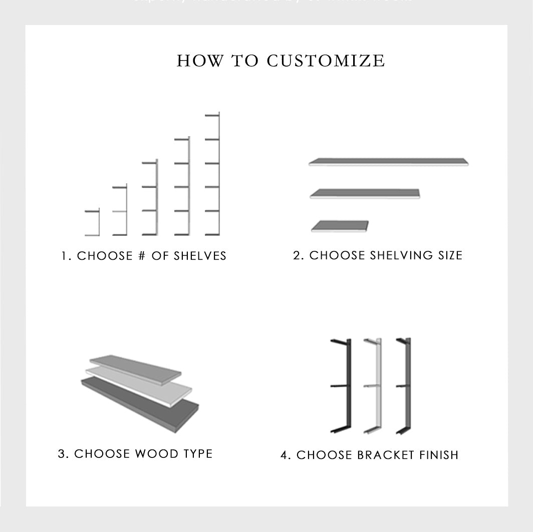 How to Order Custom Shelves from Vault Furniture. Choose shelving size and wood type with bracket finish.