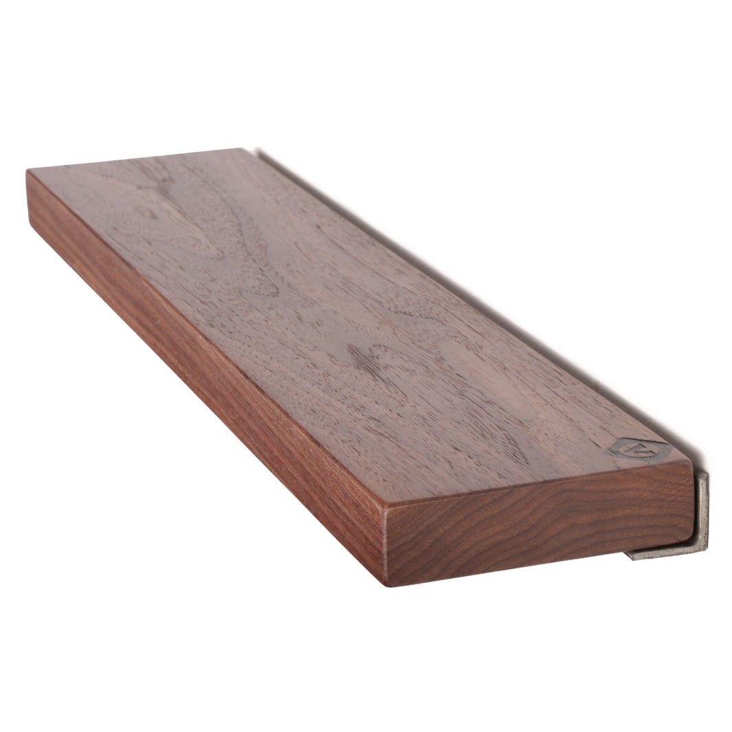 Black walnut floating shelf ledge. Small picture ledge crafted from wood and steel. Small Wall mounted wood shelf handmade in USA from black walnut wood and American steel bracket. Vault Furniture