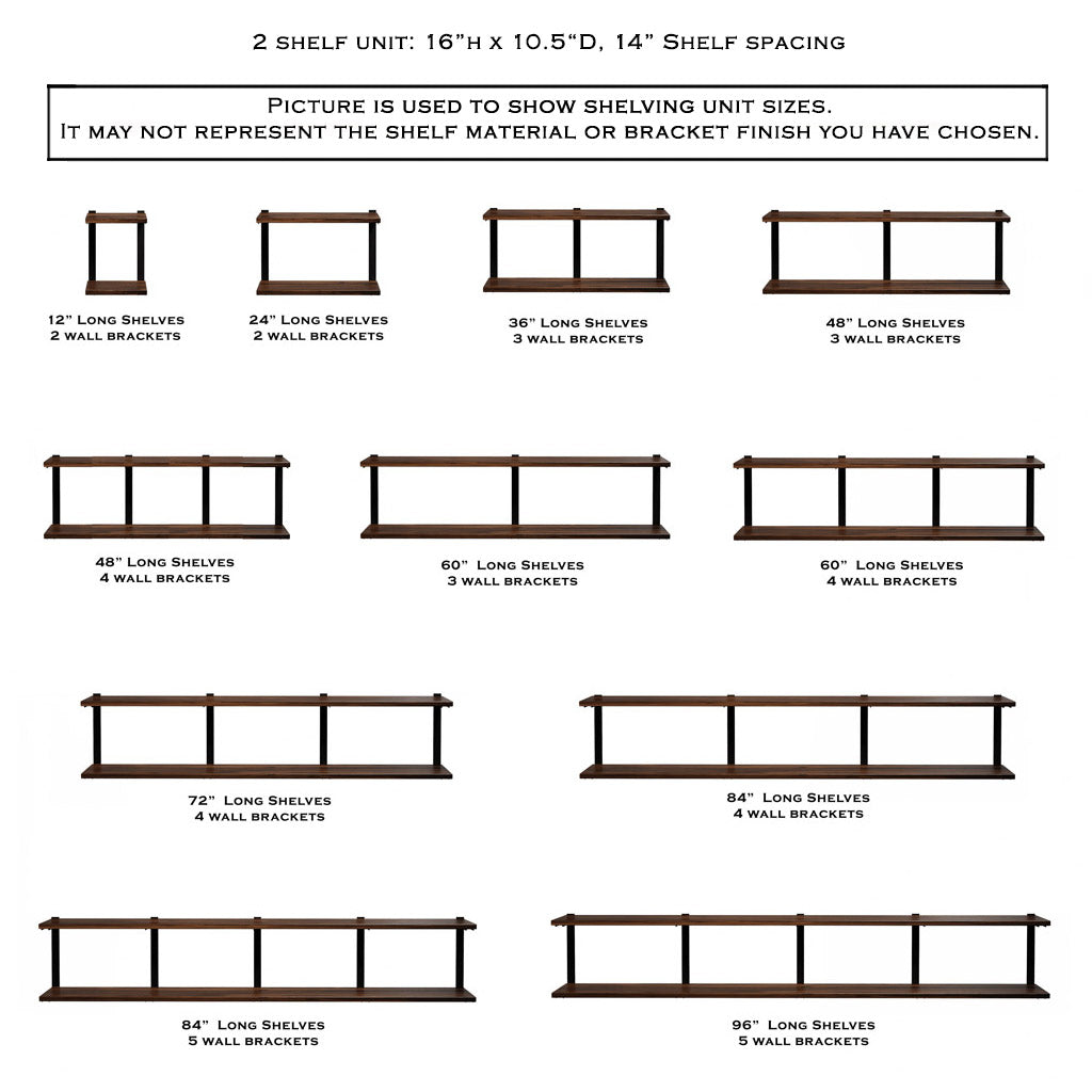Floating wall shelves, 16" High 2 Shelf unit with black walnut and steel brackets