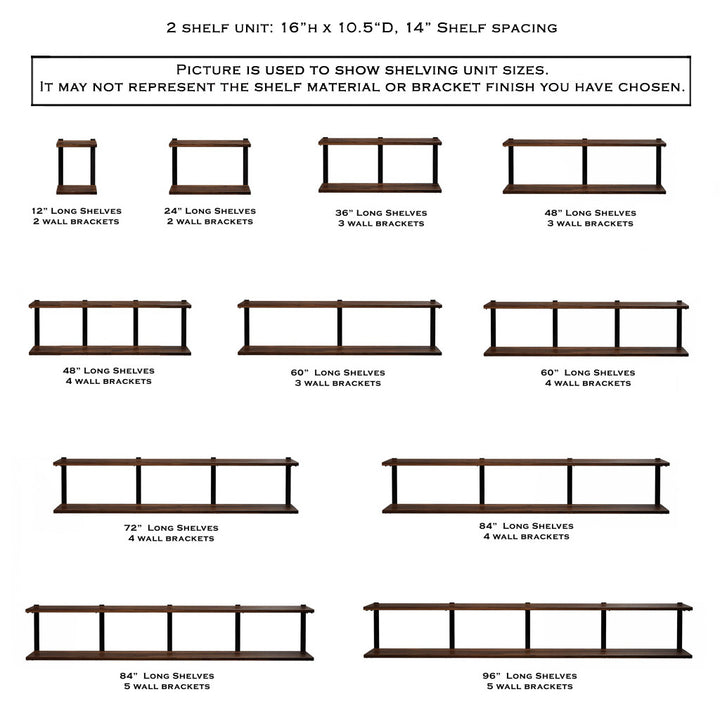 Floating wall shelves, 16" High 2 Shelf unit with black walnut and steel brackets