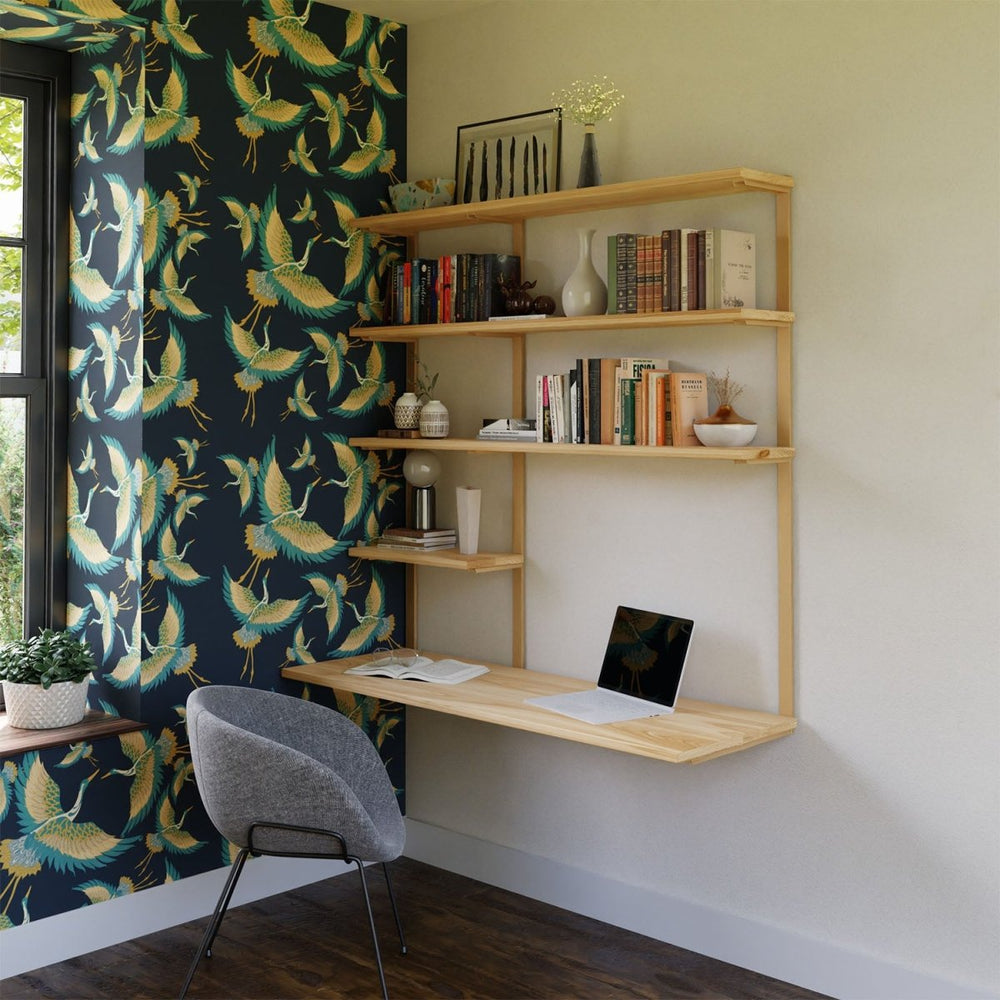 floating desk with shelving for minimal home office. solid steel wall mount desk brackets with solid wood shelving