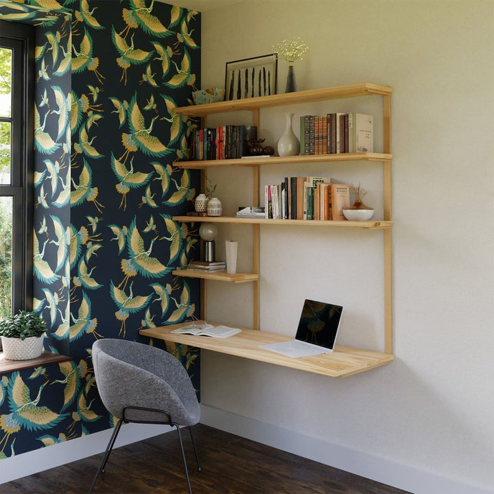 floating desk with shelving for minimal home office. solid steel wall mount desk brackets with solid wood shelving