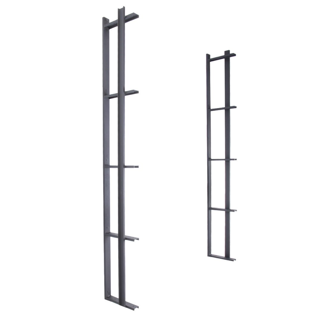 Black metal shelf brackets, strong wall mount floating shelf brackets with bookend detail. five shelf bracket handmade in USA from American steel channel and black powder coat finish. Heavy duty wall brackets sold in sets of two by vault furniture.