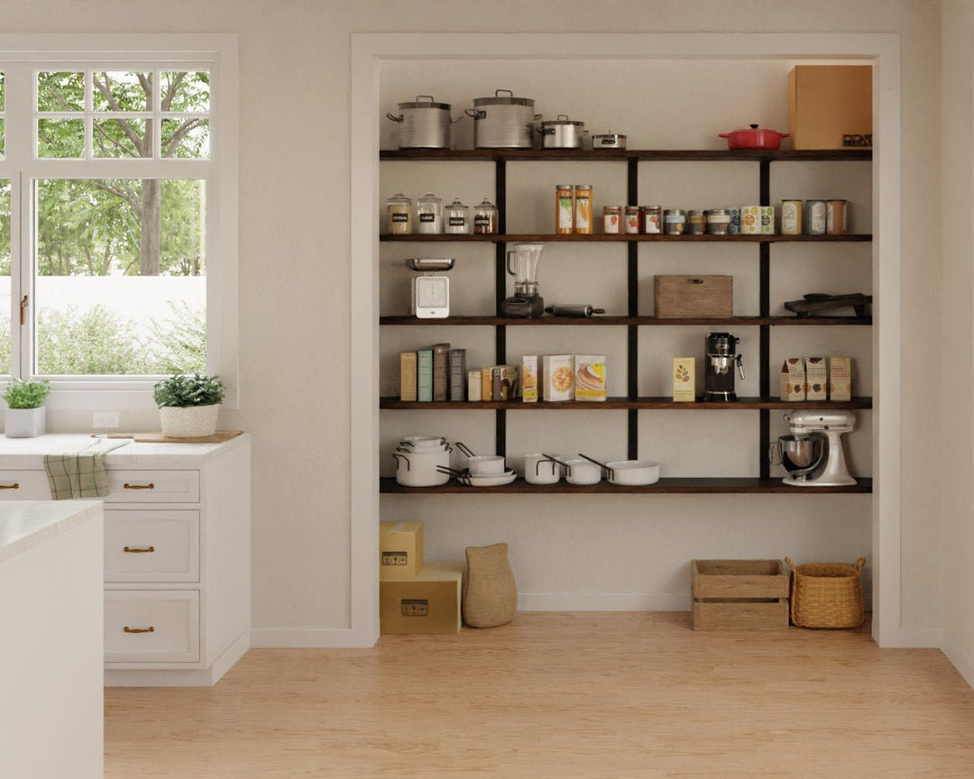 modern wall-mounted pantry shelving in traditional kitchen. black walnut shelves with heavy duty black metal brackets