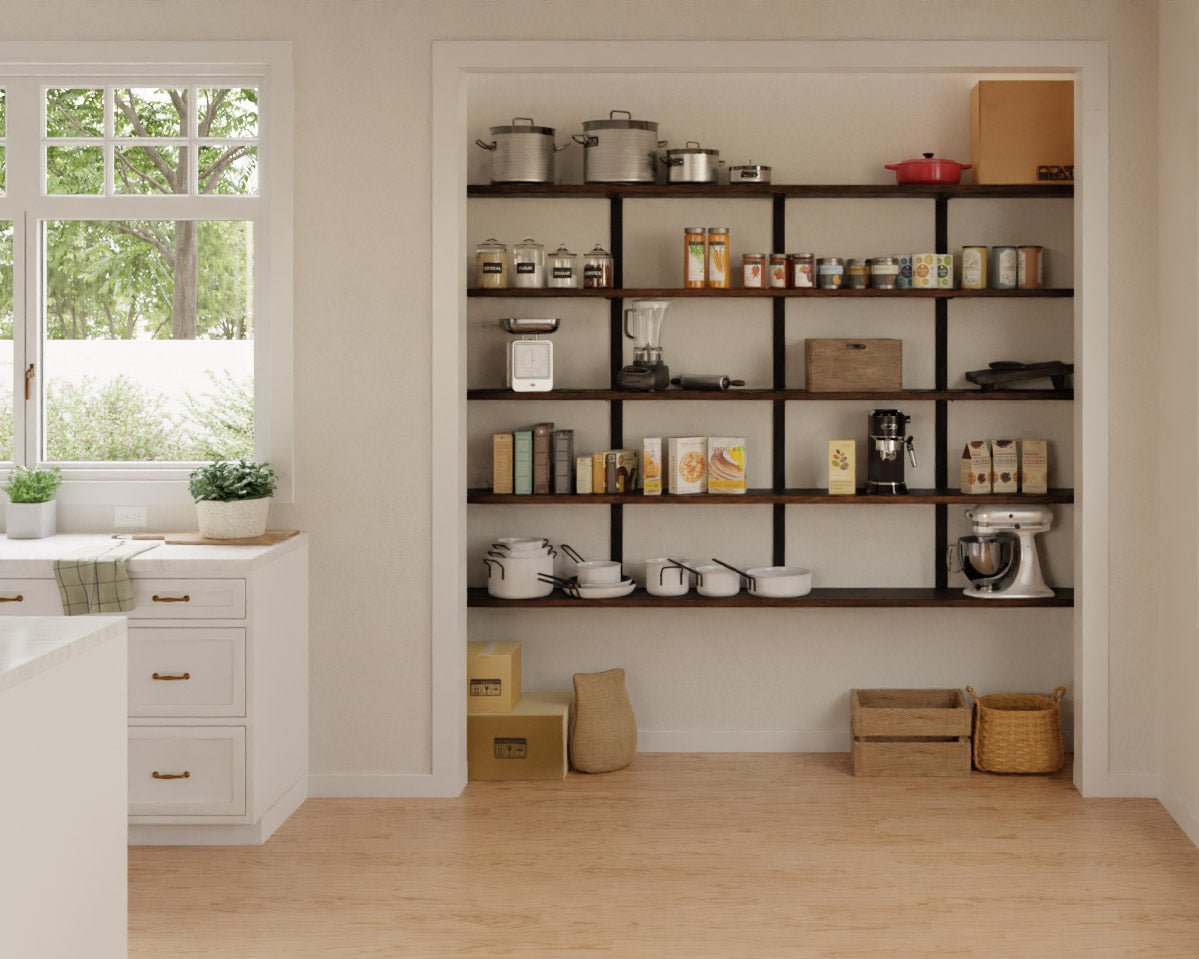 modern wall-mounted pantry shelving in traditional kitchen. black walnut shelves with heavy duty black metal brackets