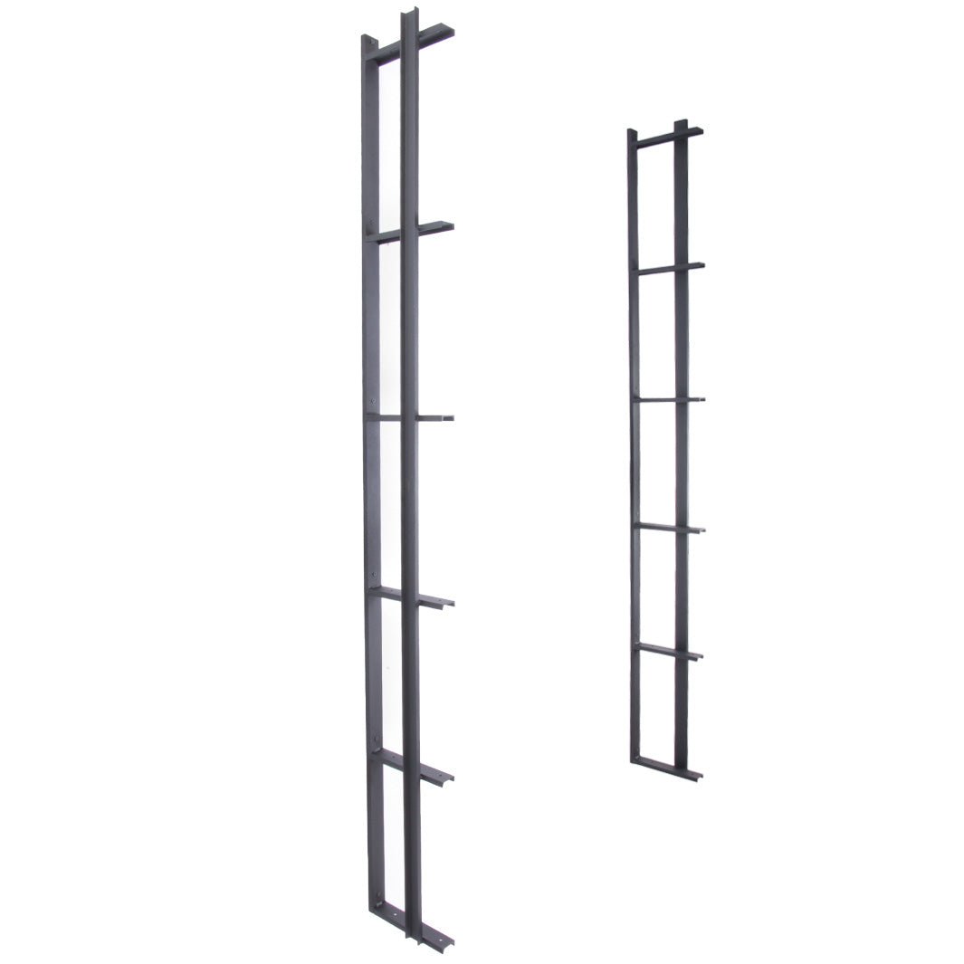 tall Black metal shelf brackets, strong wall mount floating shelf brackets with bookend detail. six shelf bracket handmade in USA from American steel channel and brass powder coat finish. Heavy duty wall brackets sold in sets of two by vault furniture.