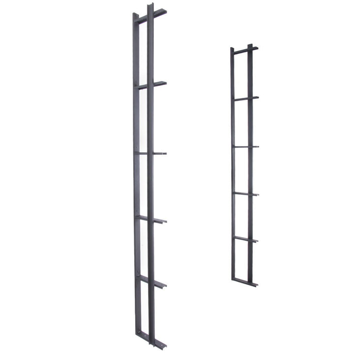 tall Black metal shelf brackets, strong wall mount floating shelf brackets with bookend detail. six shelf bracket handmade in USA from American steel channel and brass powder coat finish. Heavy duty wall brackets sold in sets of two by vault furniture.