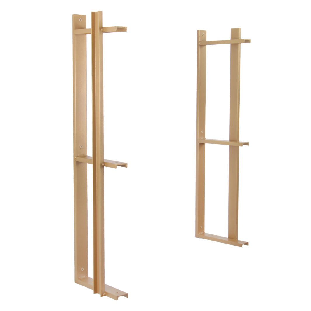 strong wall mount floating shelf brackets with bookend detail. three shelf bracket handmade in USA from American steel channel and brass powder coat finish. Heavy duty wall brackets sold in sets of two by vault furniture.