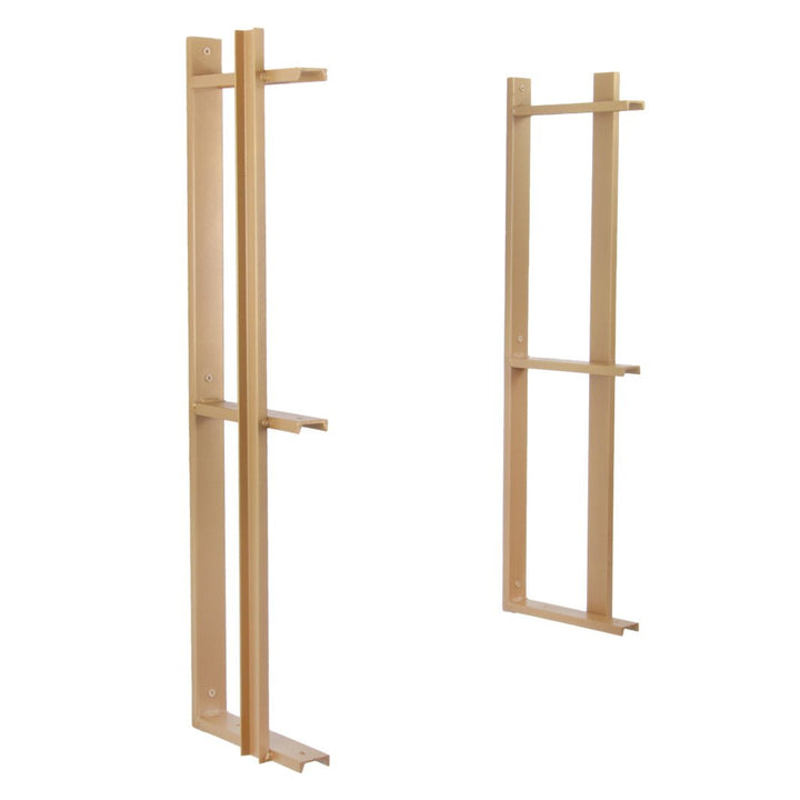 strong wall mount floating shelf brackets with bookend detail. three shelf bracket handmade in USA from American steel channel and brass powder coat finish. Heavy duty wall brackets sold in sets of two by vault furniture.