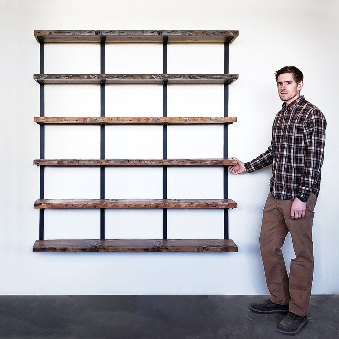 American made bookshelf 48x72 6-shelf solid wood and steel brackets Low VOC finish.