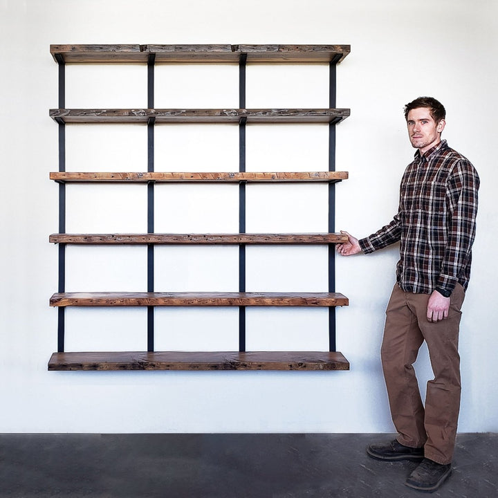 American made bookshelf 48x72 6-shelf solid wood and steel brackets Low VOC finish.
