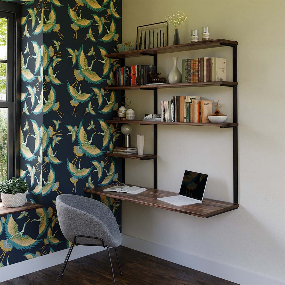 MODERN WALL MOUNT DESK WITH SHELVES FOR MINIMAL HOME OFFICE. HEAVY DUTY STEEL BRACKETS WITH BLACK WALNUT SHELVES.