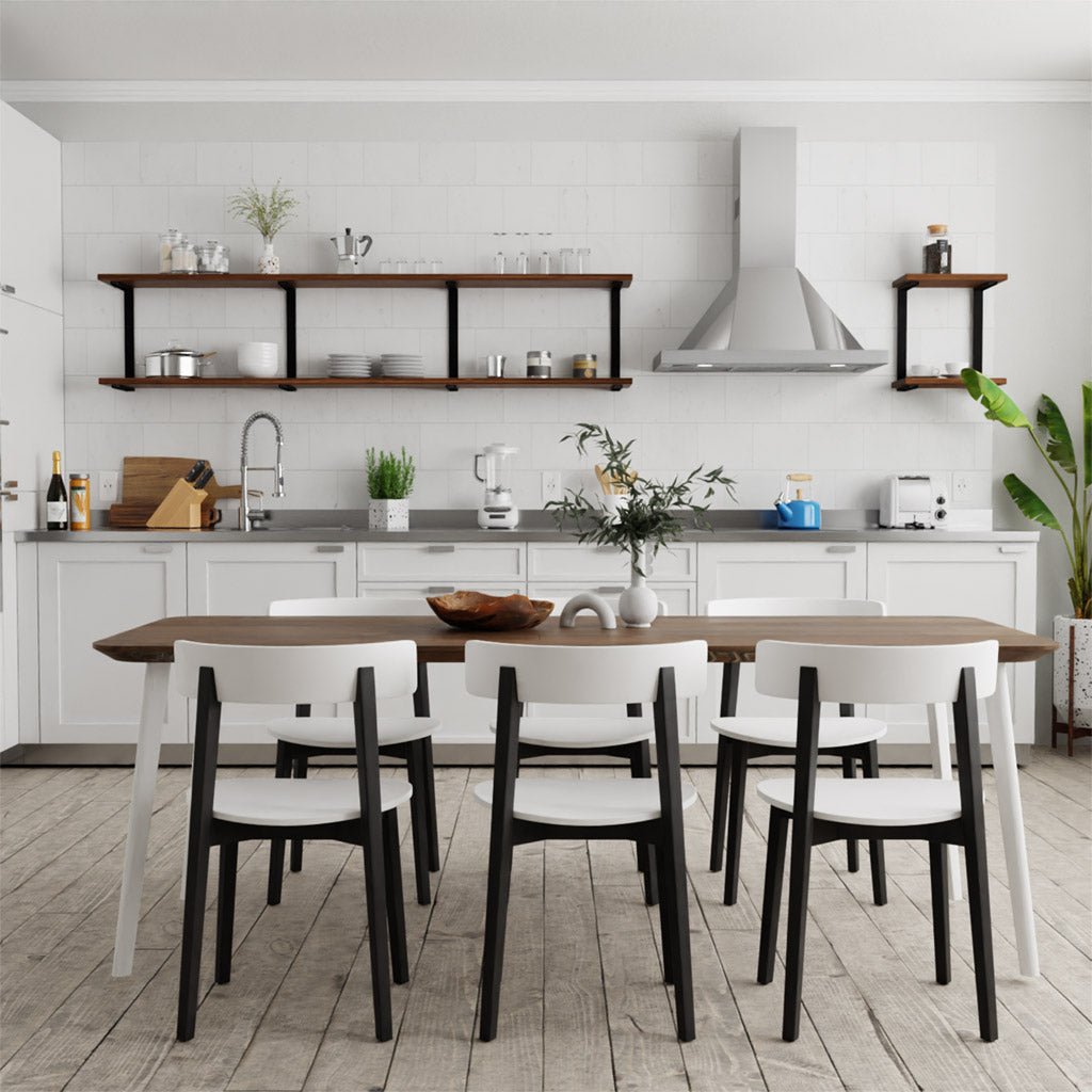 Modern kitchen open shelves. Floating kitchen shelves made with black walnut shelving and heavy duty metal brackets with black powder coat finish.  Hand-made in USA by Vault FUrniture