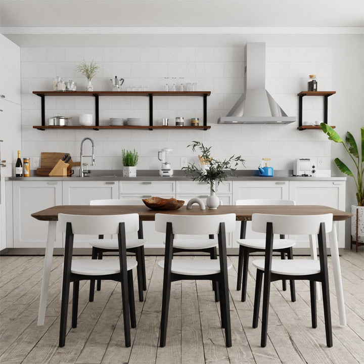 Modern kitchen open shelves. Floating kitchen shelves made with black walnut shelving and heavy duty metal brackets with black powder coat finish.  Hand-made in USA by Vault FUrniture