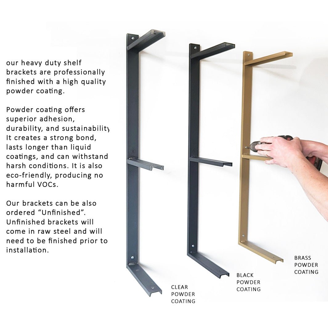 Black metal shelf brackets, strong wall mount floating shelf brackets with bookend detail. three shelf bracket handmade in USA from American steel channel and brass, black and clear  powder coat finish. Heavy duty wall brackets sold in sets of two by vault furniture.