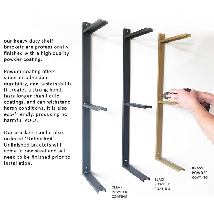 Black metal shelf brackets, strong wall mount floating shelf brackets with bookend detail. three shelf bracket handmade in USA from American steel channel and brass, black and clear  powder coat finish. Heavy duty wall brackets sold in sets of two by vault furniture.
