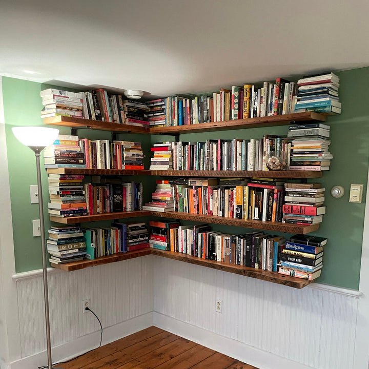 reclaimed wood corner bookshelf