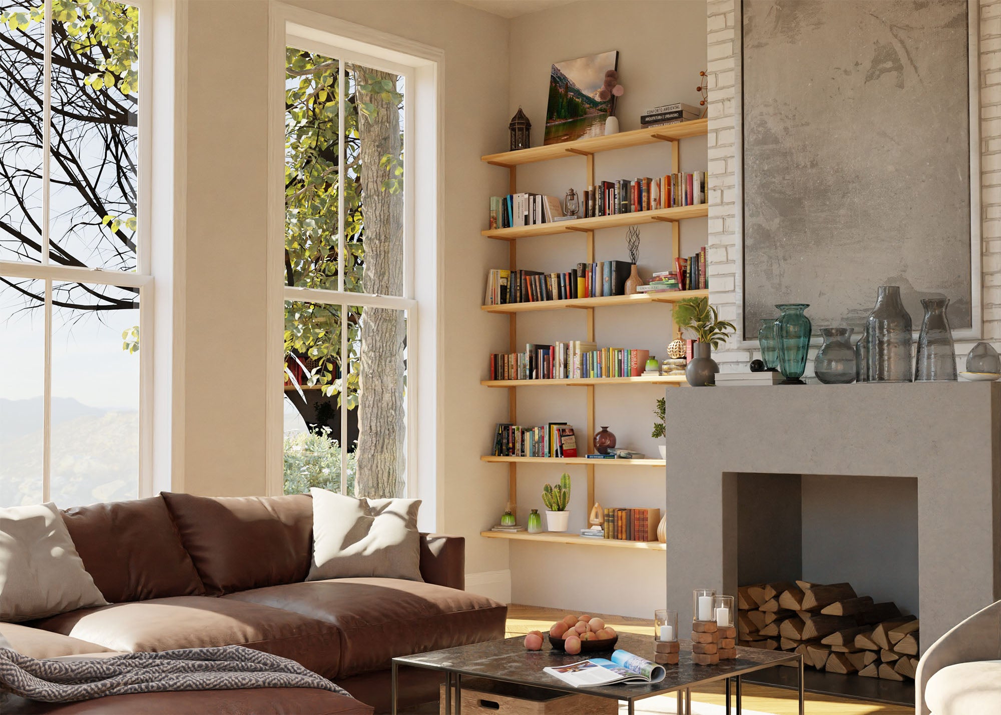 large living room bookshelves. tall ceiling with floor to ceiling bookshelves custom fit to nook next to fireplace. Light wood with brass shelf brackets next to windows. leather sectional and square coffee table. shelving by vault furniture