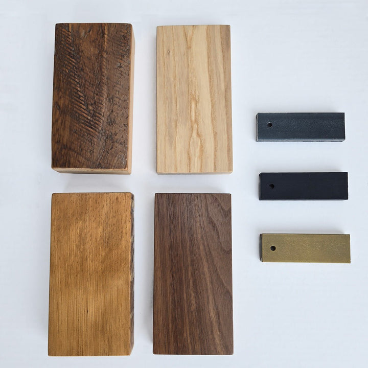 solid wood shelf samples and solid metal samples with powder coat finish