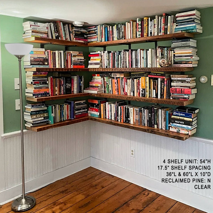 Corner wall mount shelving unit. Wall mount shelf brackets from solid steel channel with reclaimed pine shelves. Floating shelves Handmade in USA by Vault Furniture