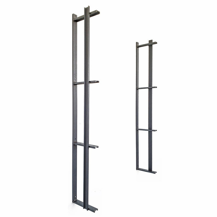 tall wall mounted bookshelf brackets with bookend detail. Four shelf bracket handmade in USA from American steel channel and clear powder coat finish. Heavy duty wall brackets sold in sets of two by vault furniture.