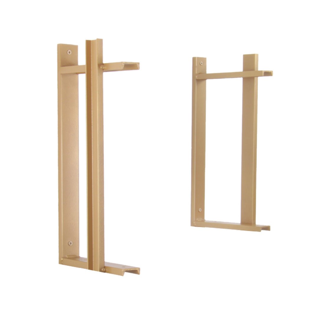 wall mount floating shelf brackets with bookend detail. two shelf bracket handmade in USA from American steel channel and brass powder coat finish. Heavy duty wall brackets by vault furniture.