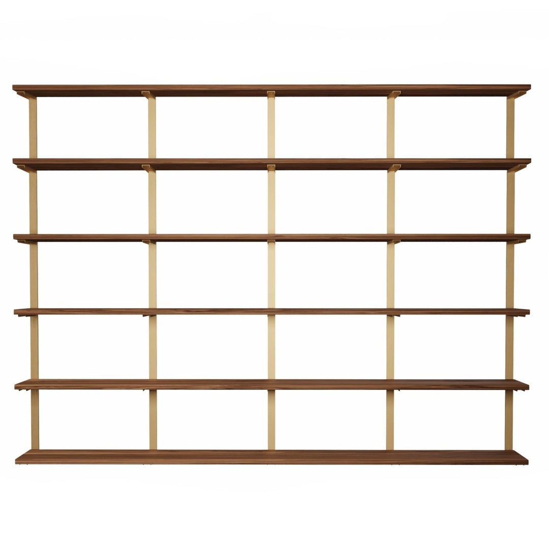 Wall mounted shelving unit handmade in America. Floating bookshelf with black walnut shelving and brass shelf brackets.