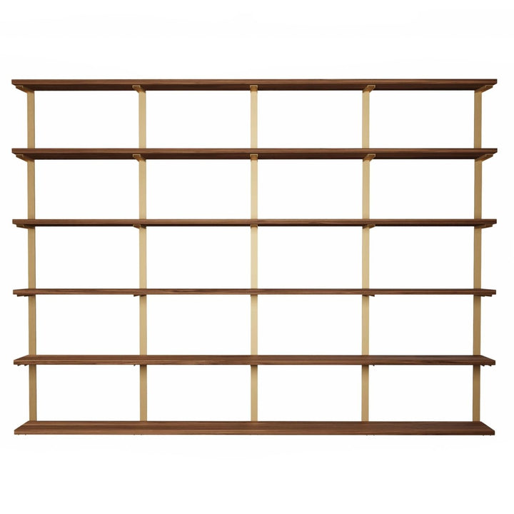 Wall mounted shelving unit handmade in America. Floating bookshelf with black walnut shelving and brass shelf brackets.