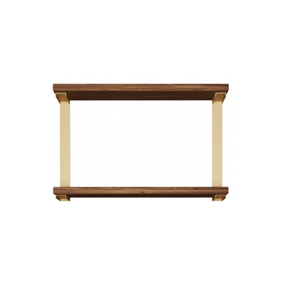 Wall mounted shelving unit with 2 black walnut shelves with solid steel heavy-duty brackets. Brackets have brass powder coat finish by Vault Furniture