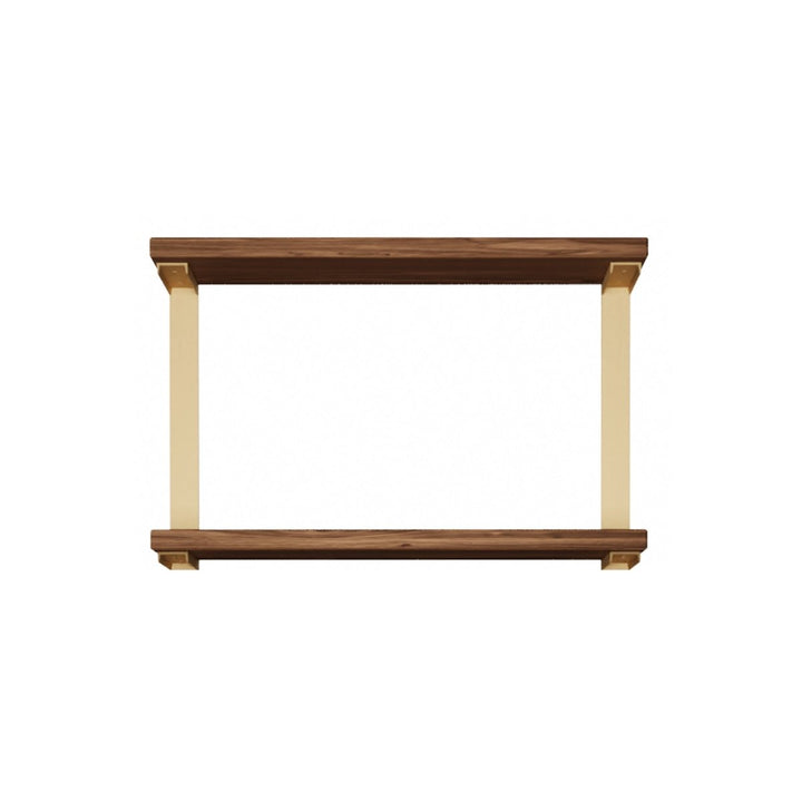 Wall mounted shelving unit with 2 black walnut shelves with solid steel heavy-duty brackets. Brackets have brass powder coat finish by Vault Furniture