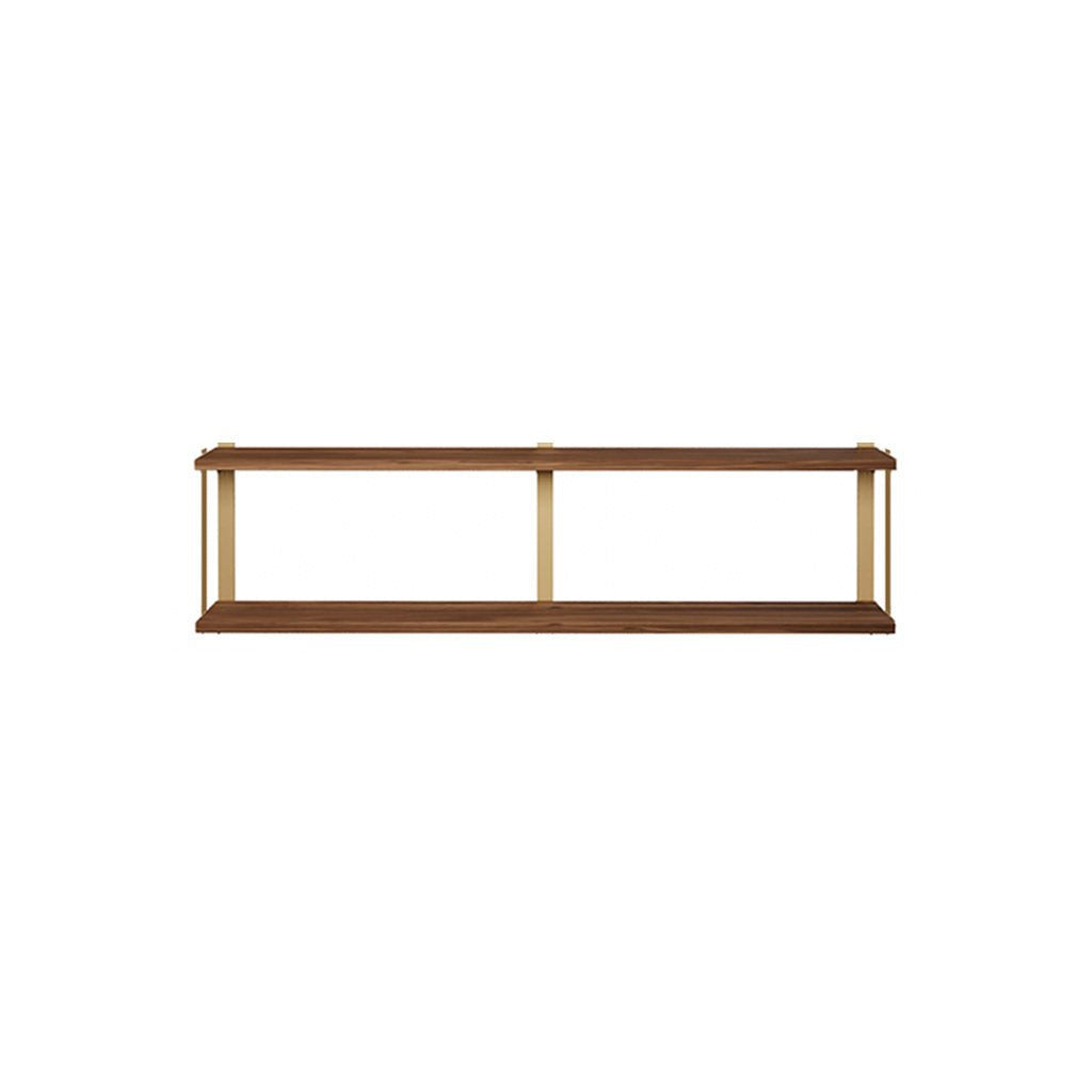 2 tier wood shelving unit black walnut brass bookend brackets by Vault Furniture. 60"x16"