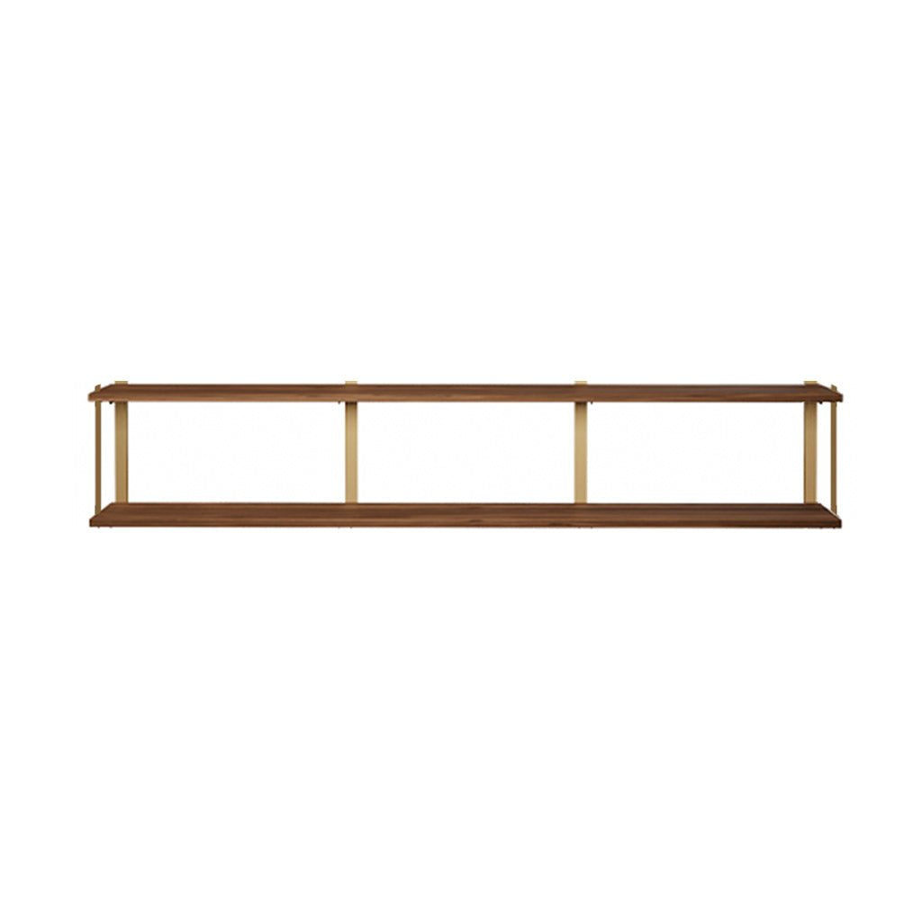 2 tier wood shelving unit black walnut brass bookend brackets by Vault Furniture. 84"x16"