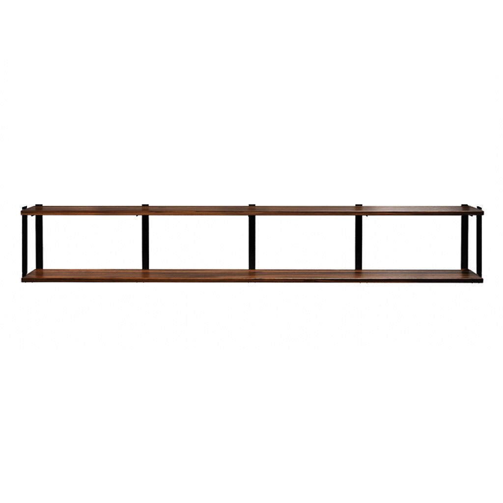 2 tier wood shelving unit black walnut black bookend brackets by Vault Furniture. 96"x16"