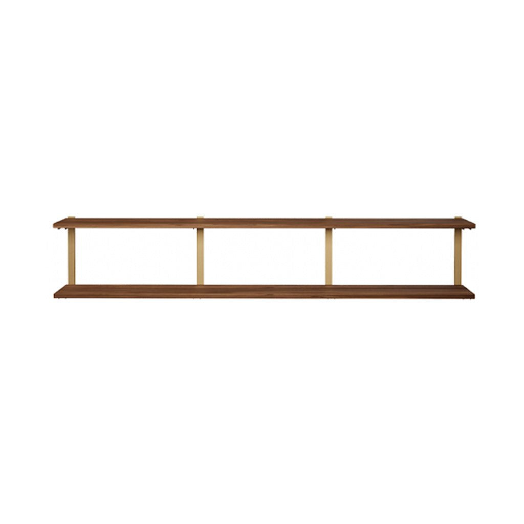 2 tier shelving unit in black walnut with brass shelf brackets by Vault Furniture. 84"x16"