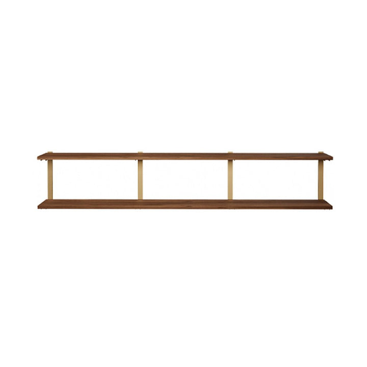 2 tier shelving unit in black walnut with brass shelf brackets by Vault Furniture. 84"x16"