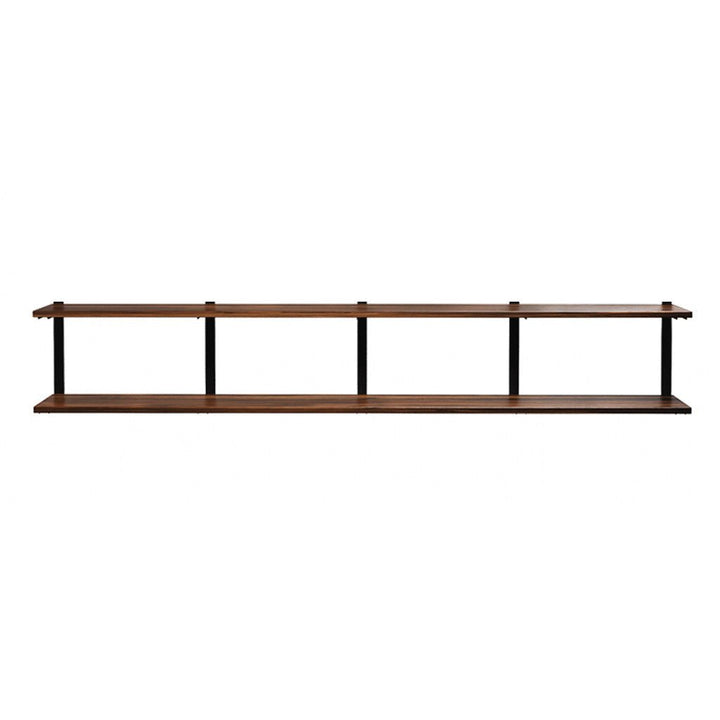2 tier shelving unit in black walnut with black shelf brackets by Vault Furniture. 96"x16"