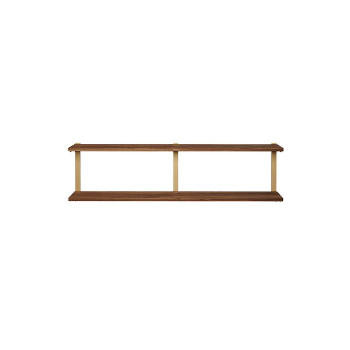 2 tier wood shelves in black walnut with brass shelf brackets by Vault Furniture. 60"x16"