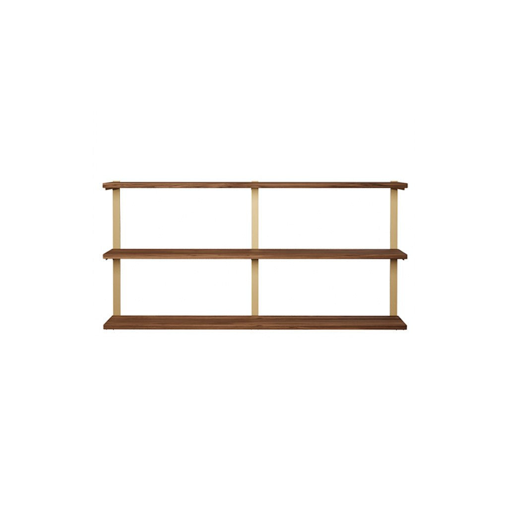 3 tier wood wall shelving black walnut brass brackets by Vault Furniture. 60"x30"