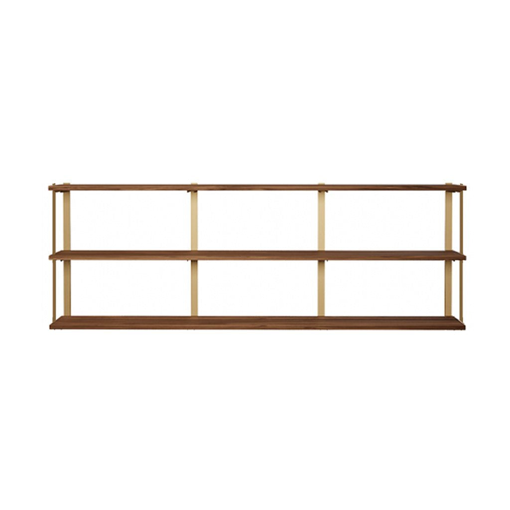 3 tier bookshelf in walnut and brass by Vault Furniture. 84"x30"
