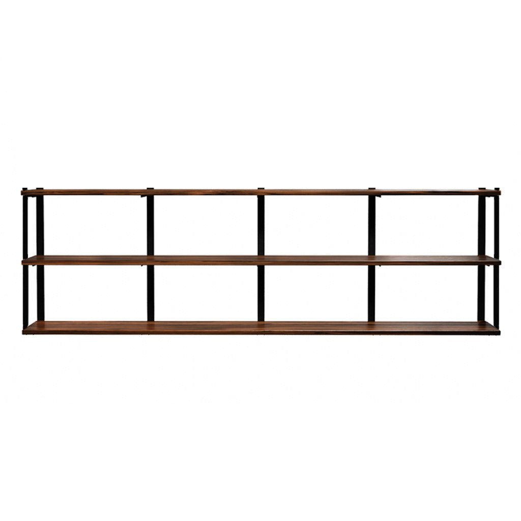 3 tier bookshelf in walnut and black brackets by Vault Furniture. 96"x30"