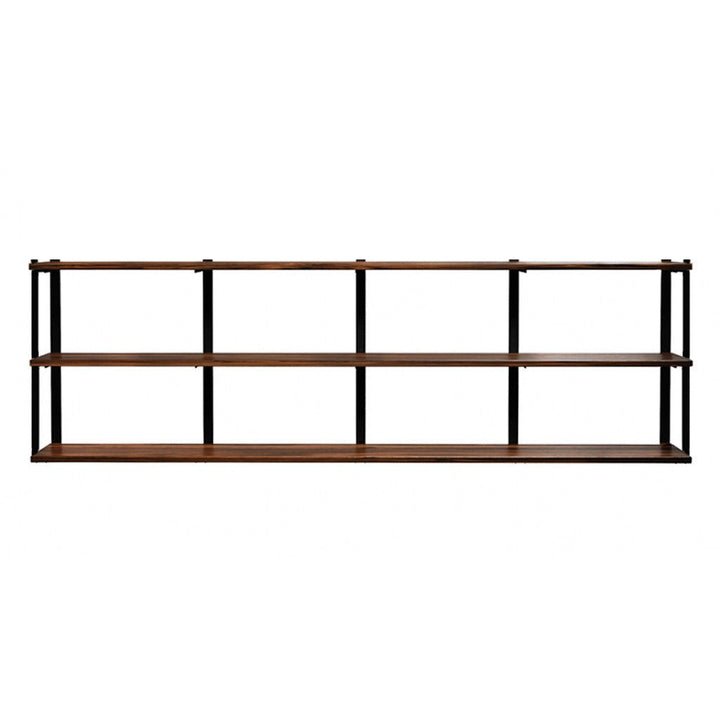 3 tier bookshelf in walnut and black brackets by Vault Furniture. 96"x30"