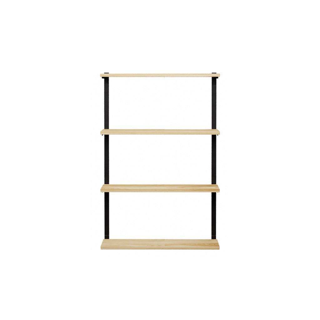 4 tier wood shelves in ash with steel bookend brackets. 36"x54.5" by Vault Furniture