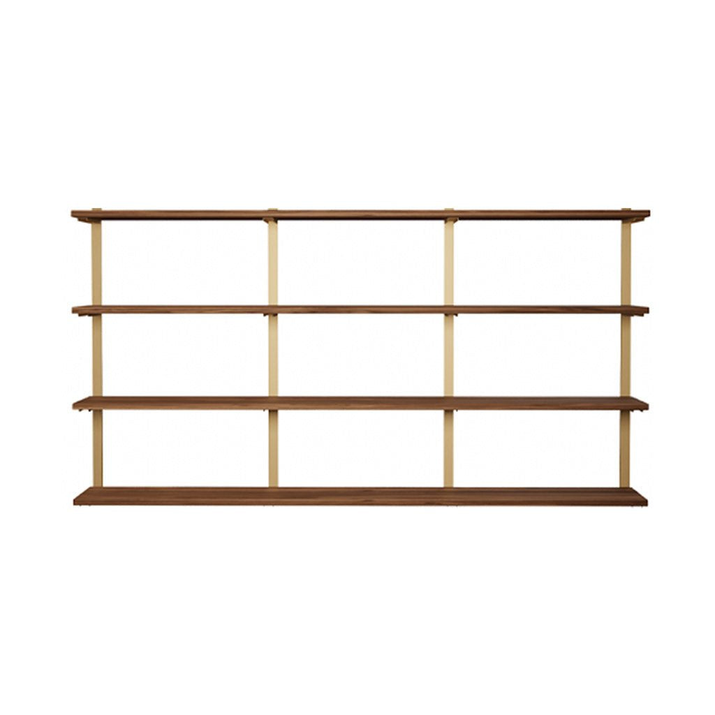4 tier bookshelf in black walnut and brass shelf brackets by Vault Furniture. 84"x44"