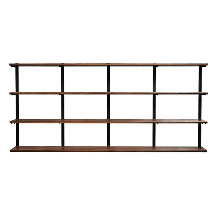 4 tier bookshelf in black walnut and black shelf brackets by Vault Furniture. 96"x44"